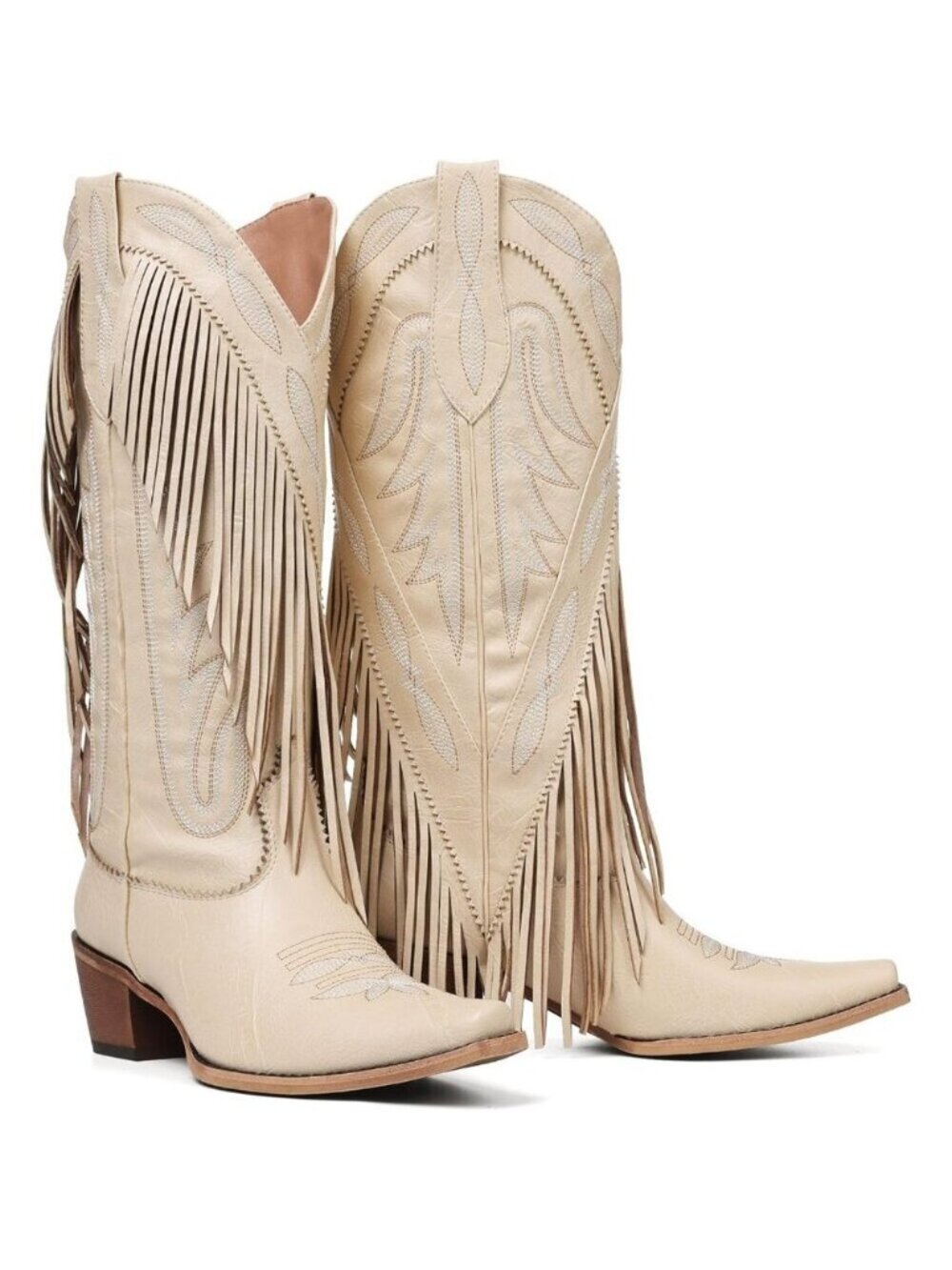 Women's Tan Classic Embroidery Pointed Toe Fringe Knee High Cowgirl Western Boot